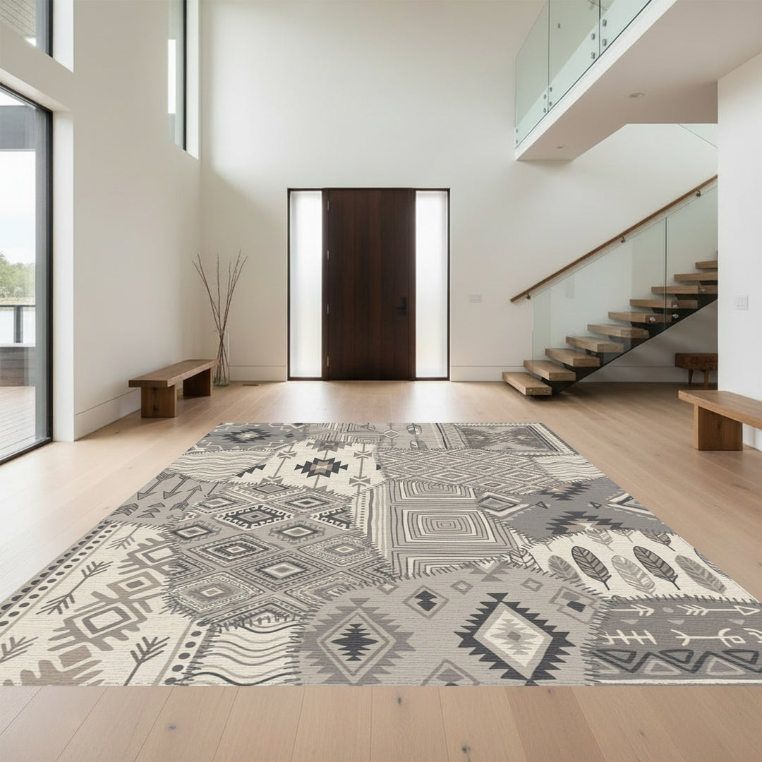 Neutral Patchwork Geometric Diamond Feather Rug