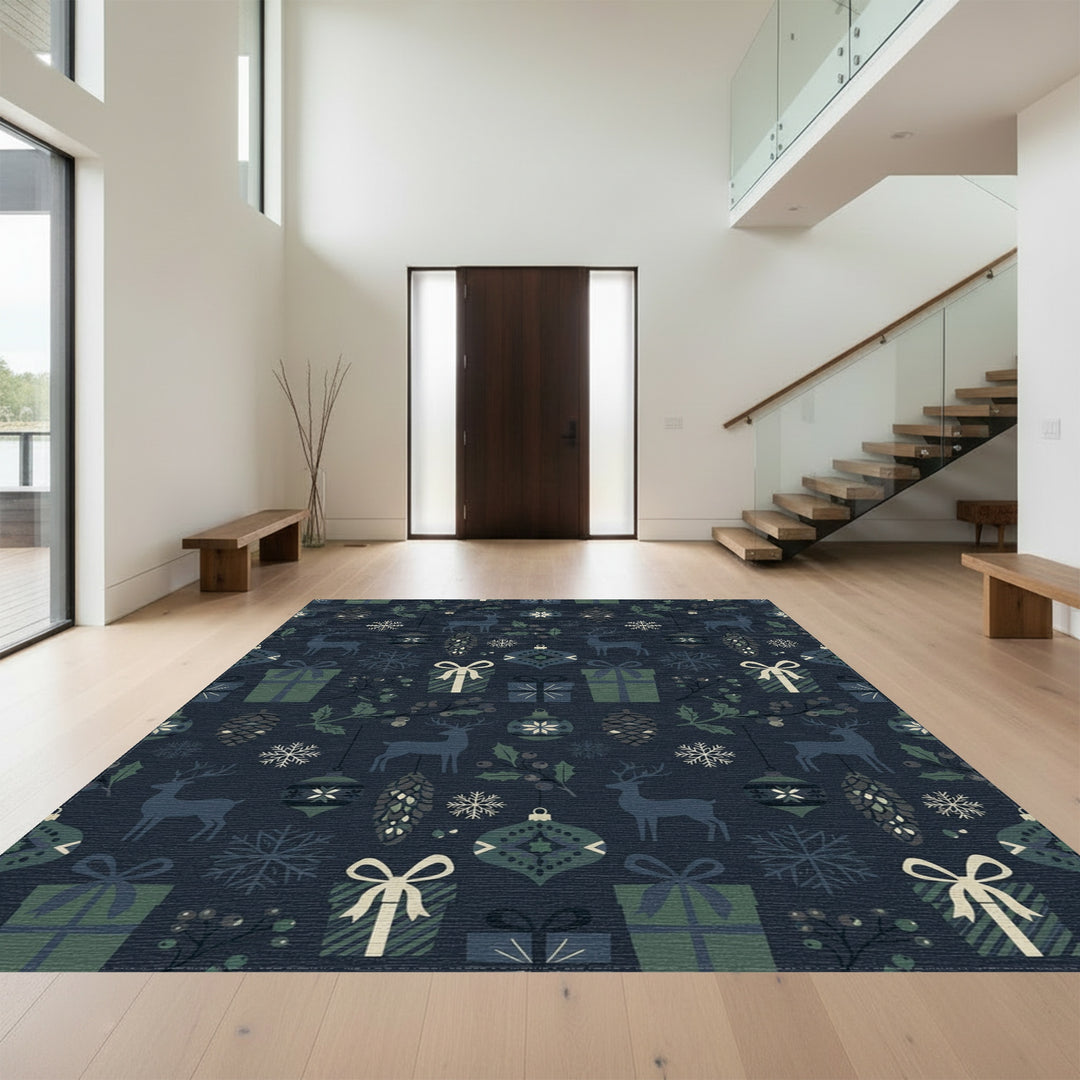 Deep Blue Winter Holiday Woodland Animals Rug