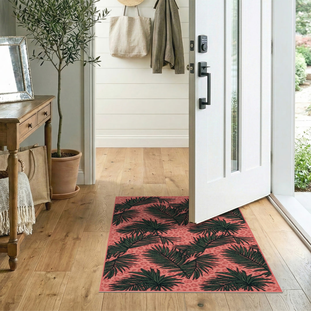 Pink Palm Leaf Leopard Area Rug