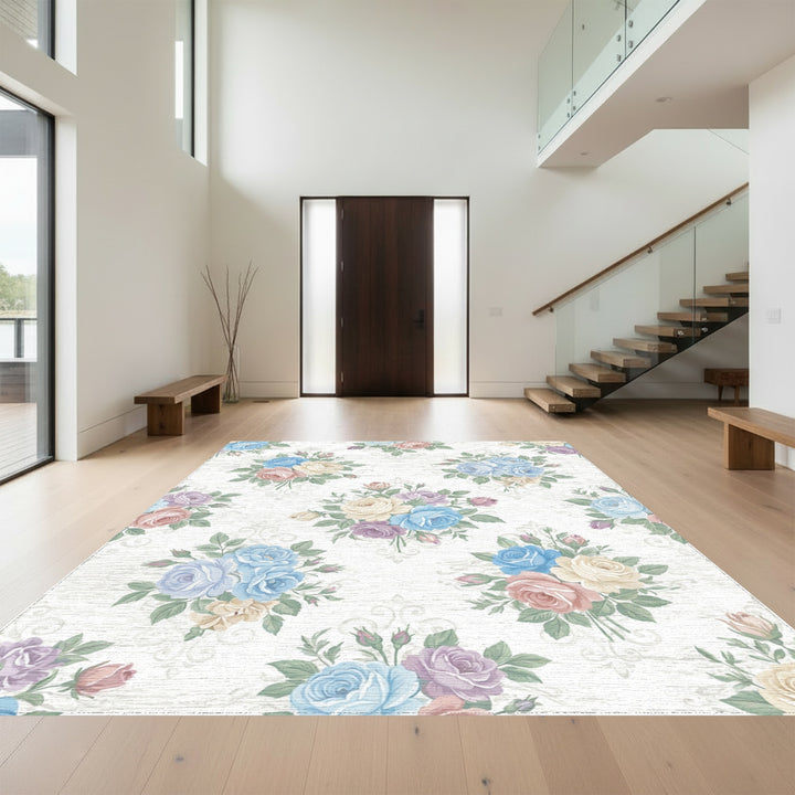 Pastel Rose Bouquet Vintage Scroll Rug