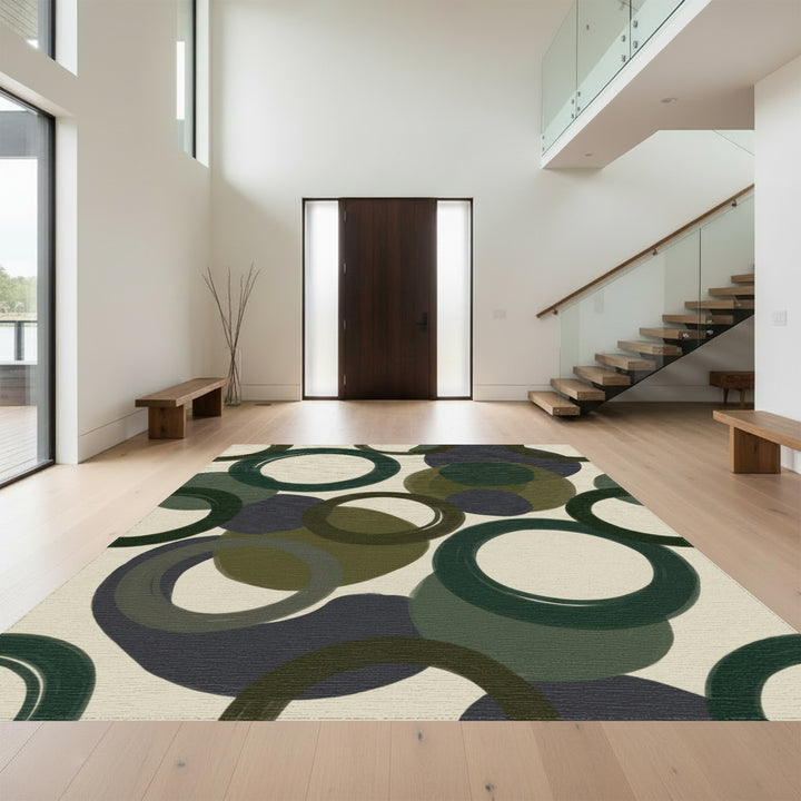 Deep Forest Green Abstract Circles Rug