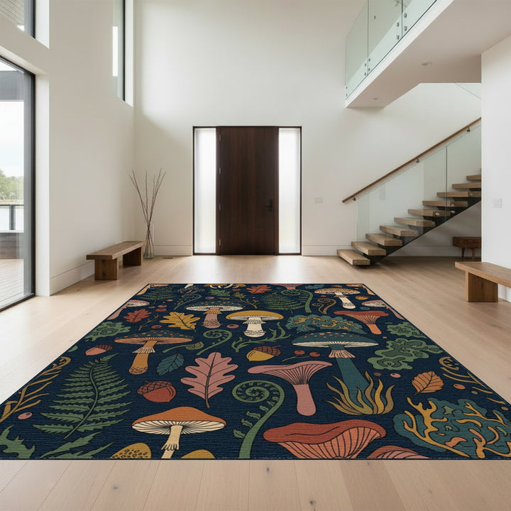 Earthy Mushroom Forest Fern Acorn Rug