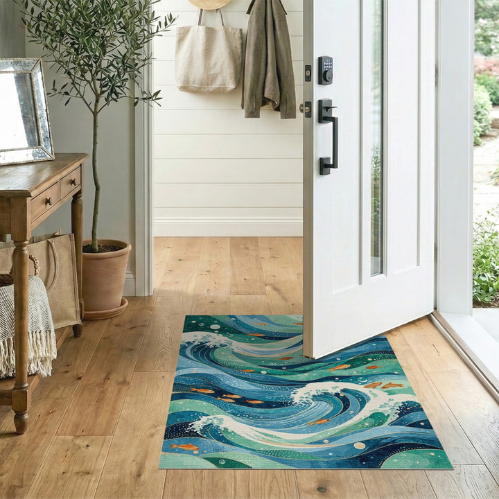 Blue Teal Ocean Wave Fish Area Rug