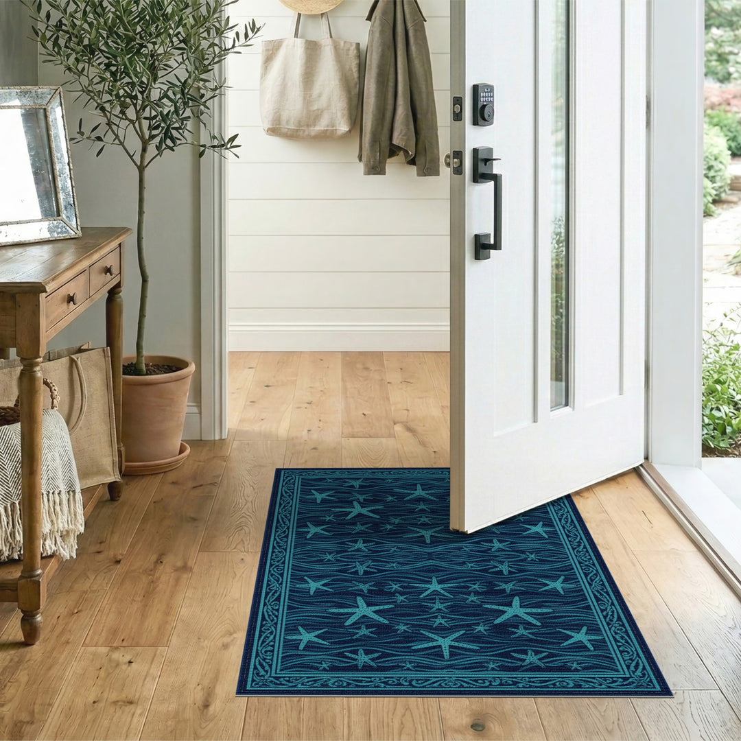 Blue Starfish Wave Coastal Area Rug