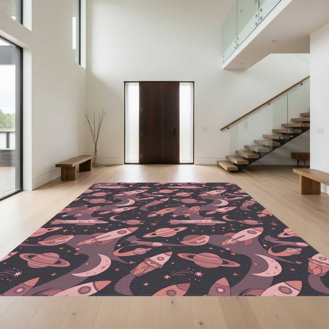 Cosmic Rockets Planets Starry Night Sky Rug
