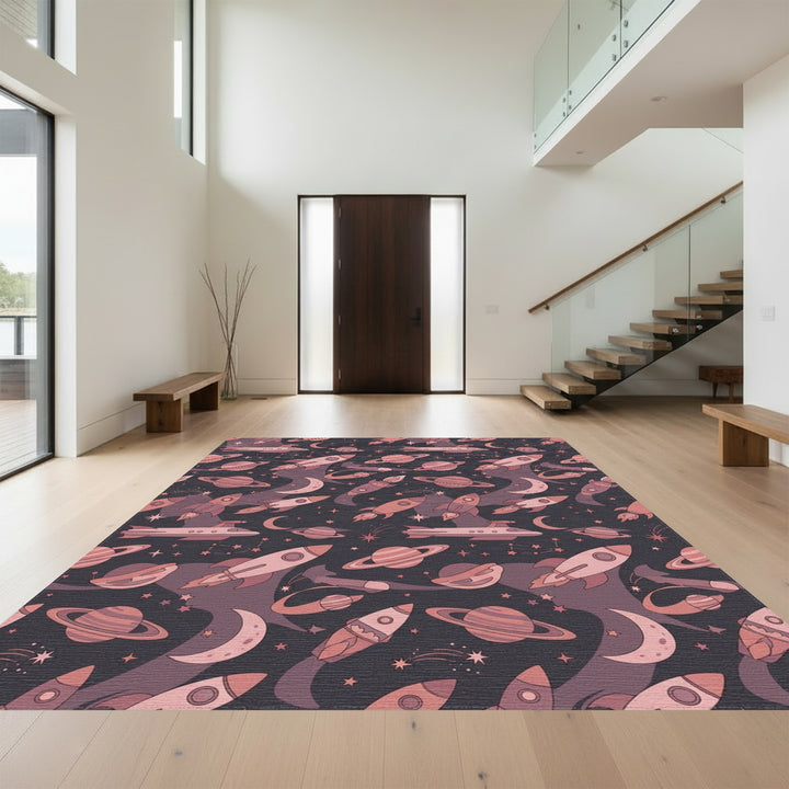 Cosmic Rockets Planets Starry Night Sky Rug