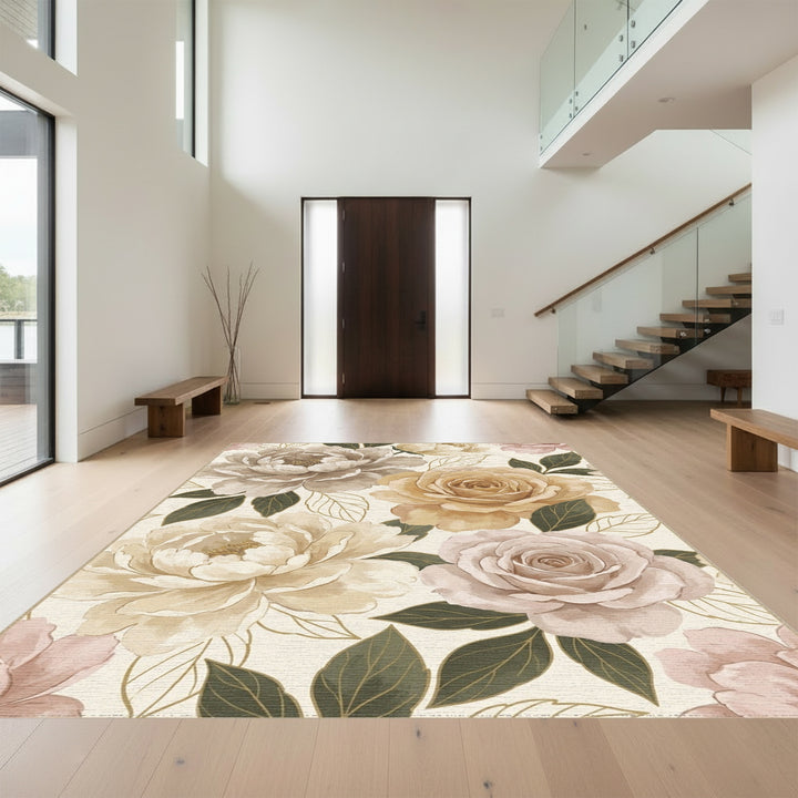 Creamy Taupe Lush Floral Garden Rug