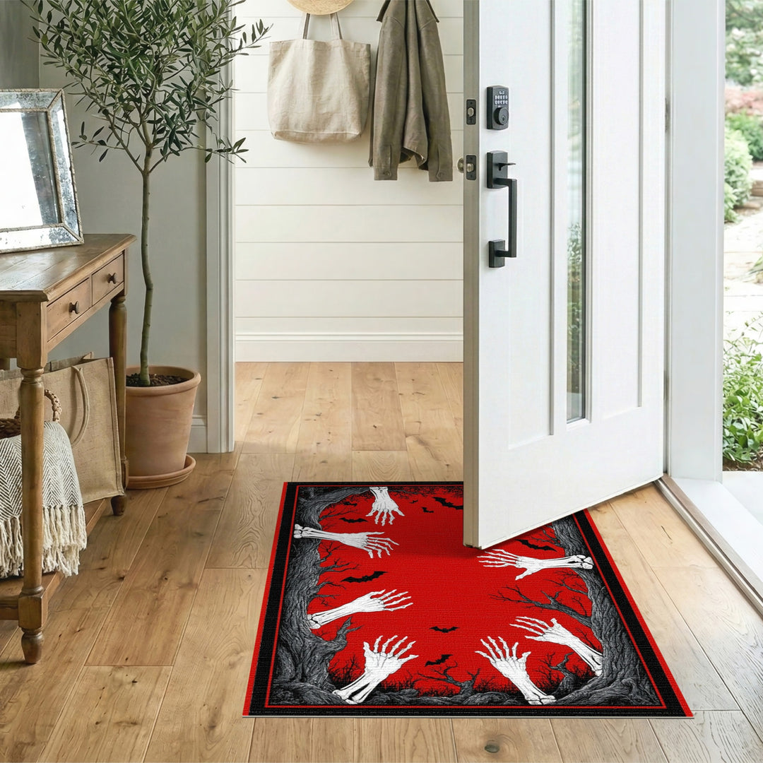 Spooky Skeleton Hands Red Area Rug
