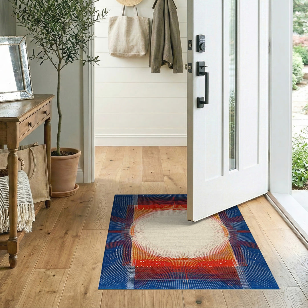 Geometric Sunburst Area Rug in Red and Blue
