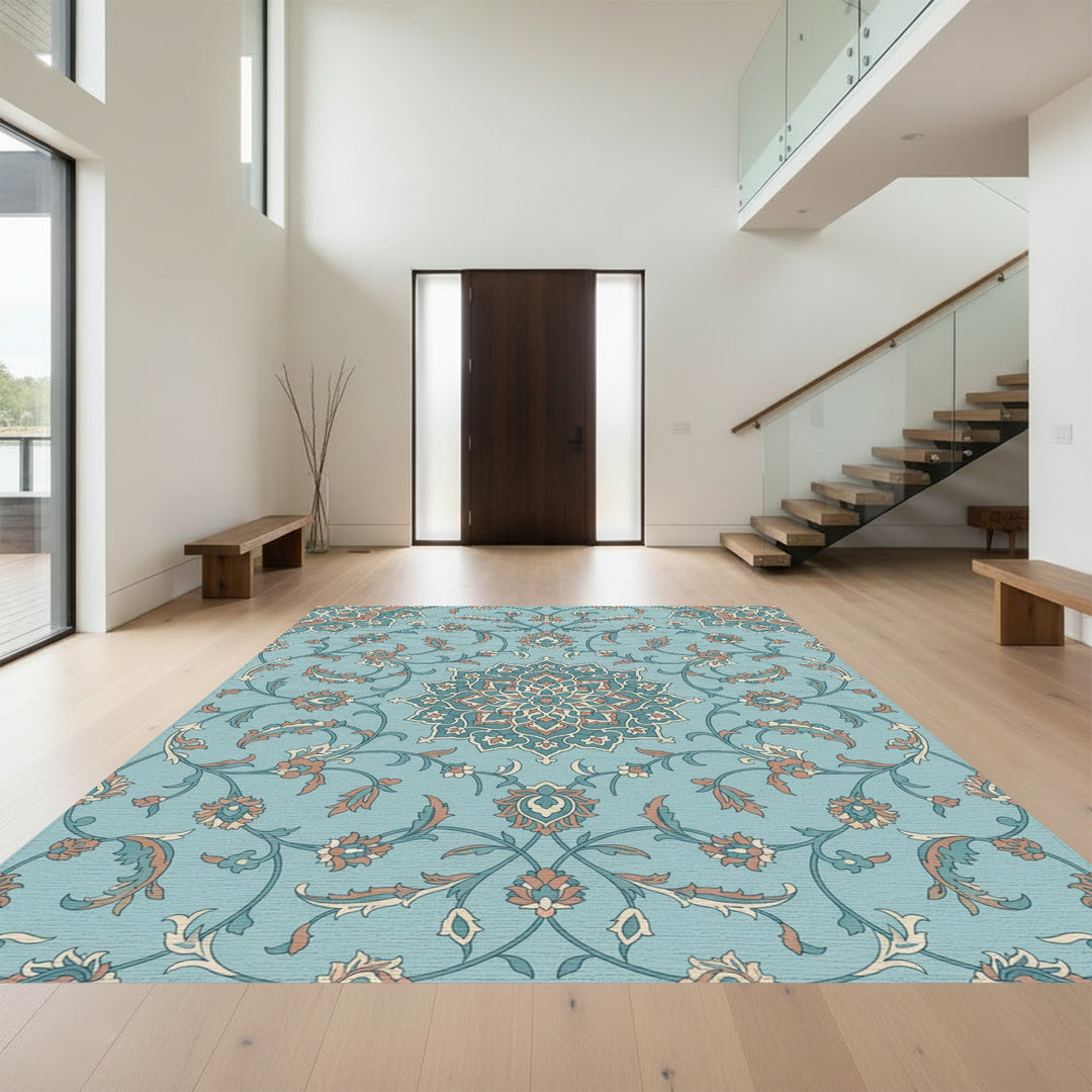 Teal Coral Floral Medallion Vines Rug