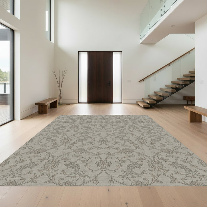 Serene Taupe Koi Floral Garden Rug