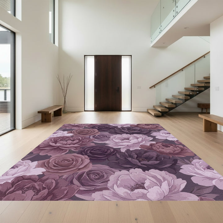 Romantic Plum And Mauve Peony Rose Garden Rug