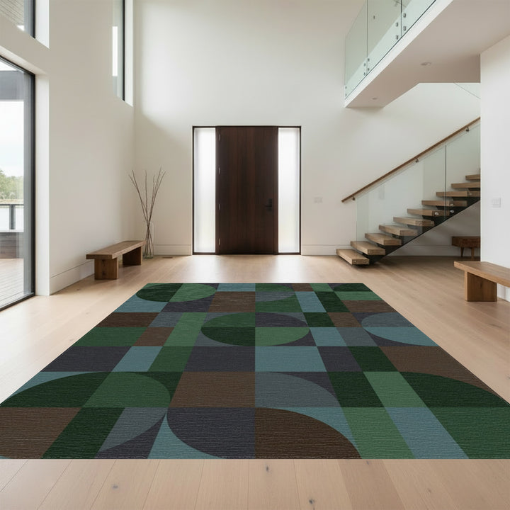Earthy Geometric Circles and Squares Rug