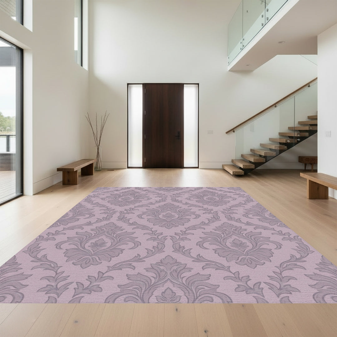Grey Damask Scrollwork Floral Rug