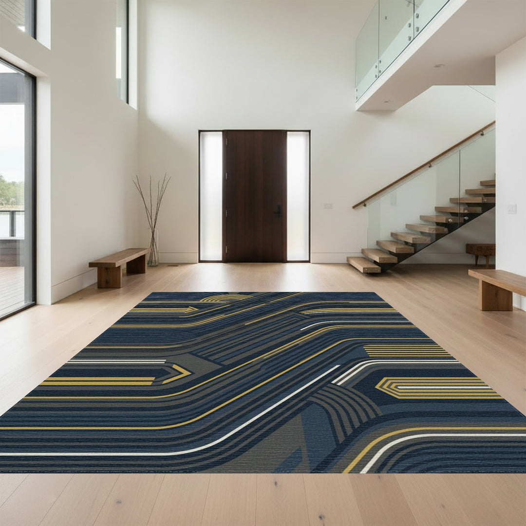 Abstract Geometric Blue Yellow Lines Rug