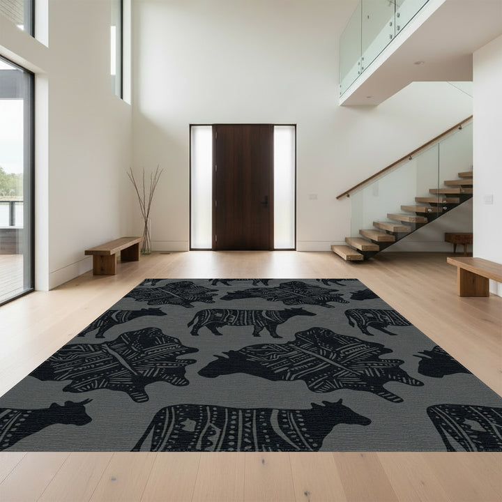 Monochromatic Abstract Cow Folk Art Rug