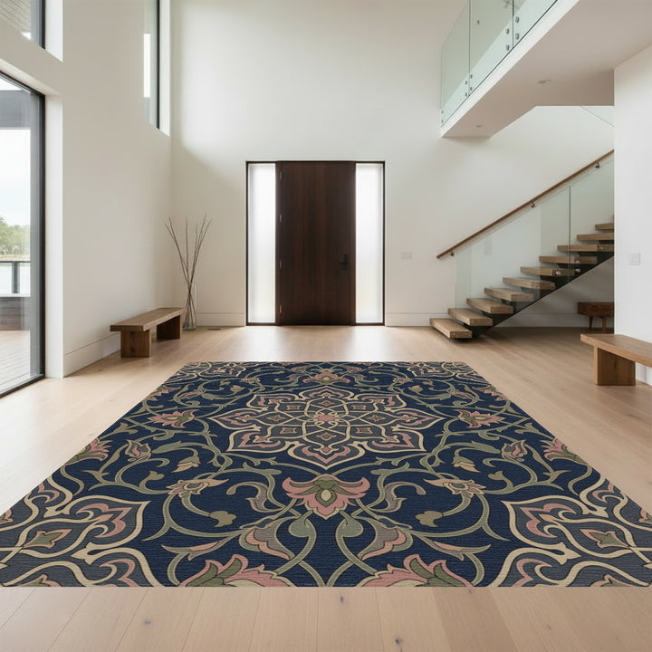 Deep Blue Floral Medallion Vines Rug