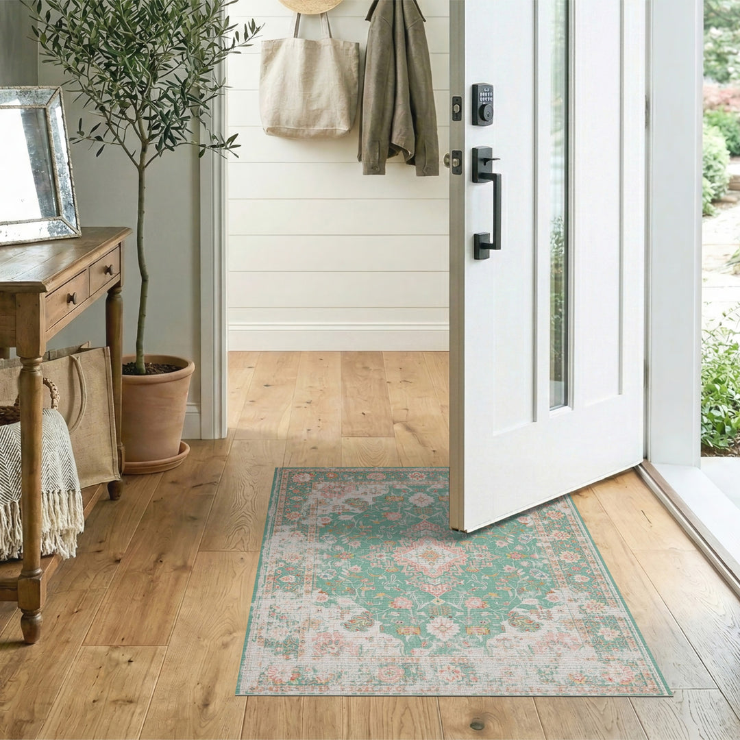 Distressed Vintage Blue Teal Distressed Vintage Floral Area Rug