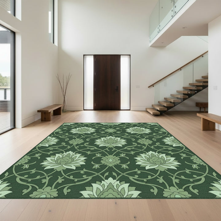 Deep Forest Green Floral Vine Rug