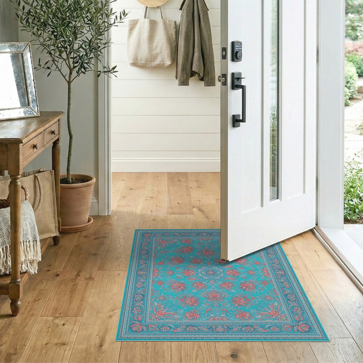 Teal Red Floral Medallion Area Rug