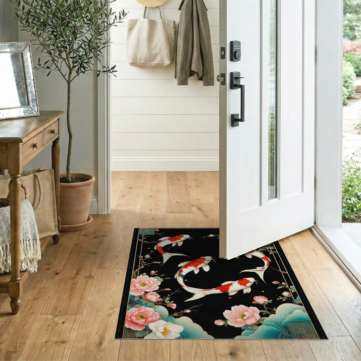 Koi Fish Peony Black Area Rug