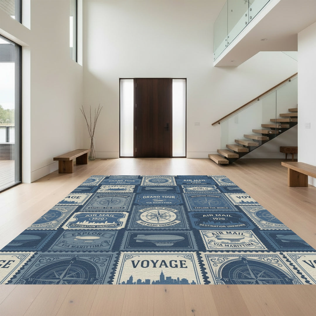 Vintage Air Mail Compass Stamps Rug
