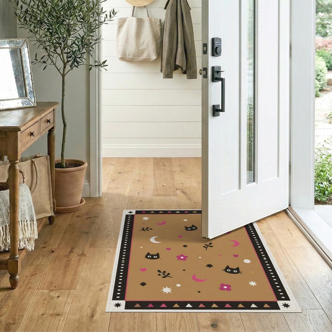 Black Cat Moon Kids Cartoon Rug in Brown Tan