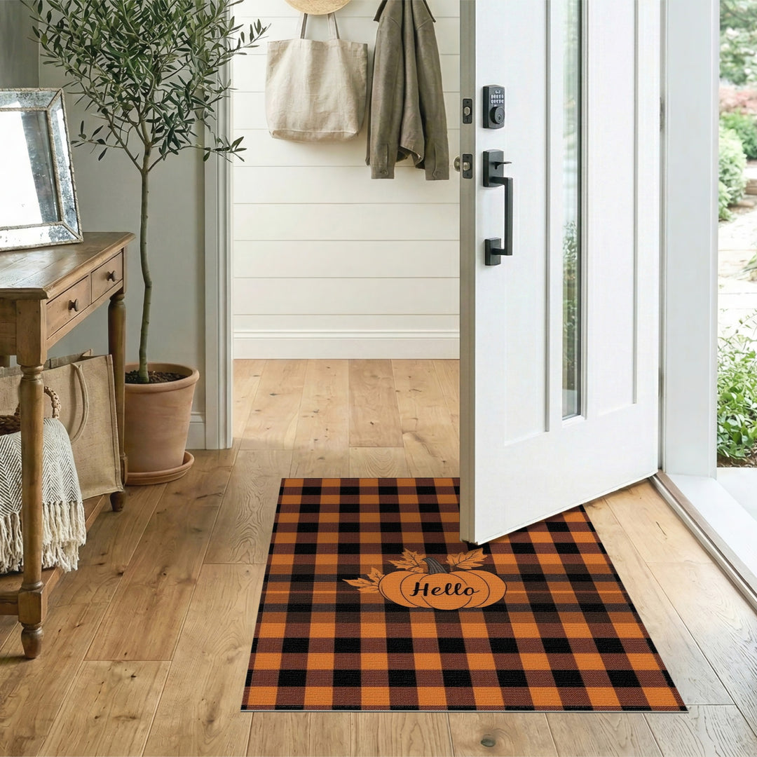 Hello Pumpkin Orange Plaid Area Rug