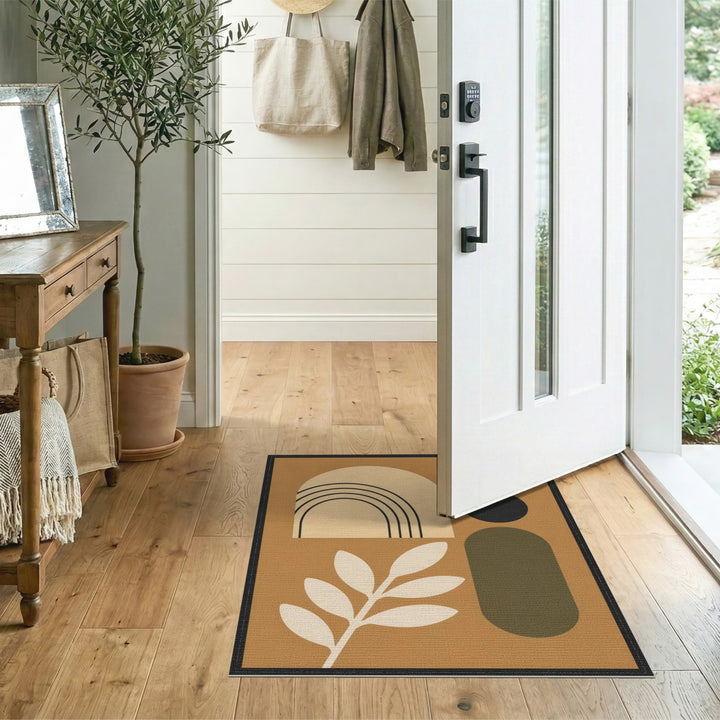 Abstract Brown Geometric Area Rug with Leaf