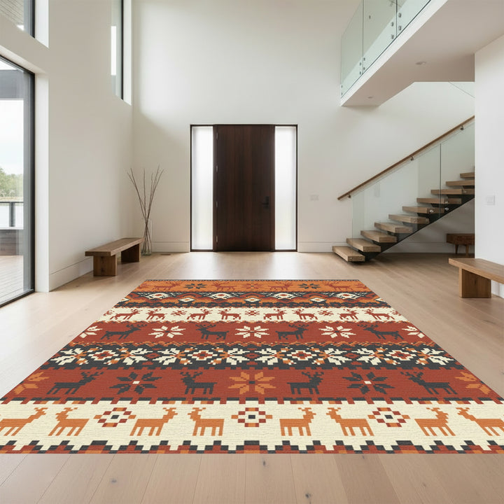 Rustic Earthy Deer Snowflake Stripes Rug