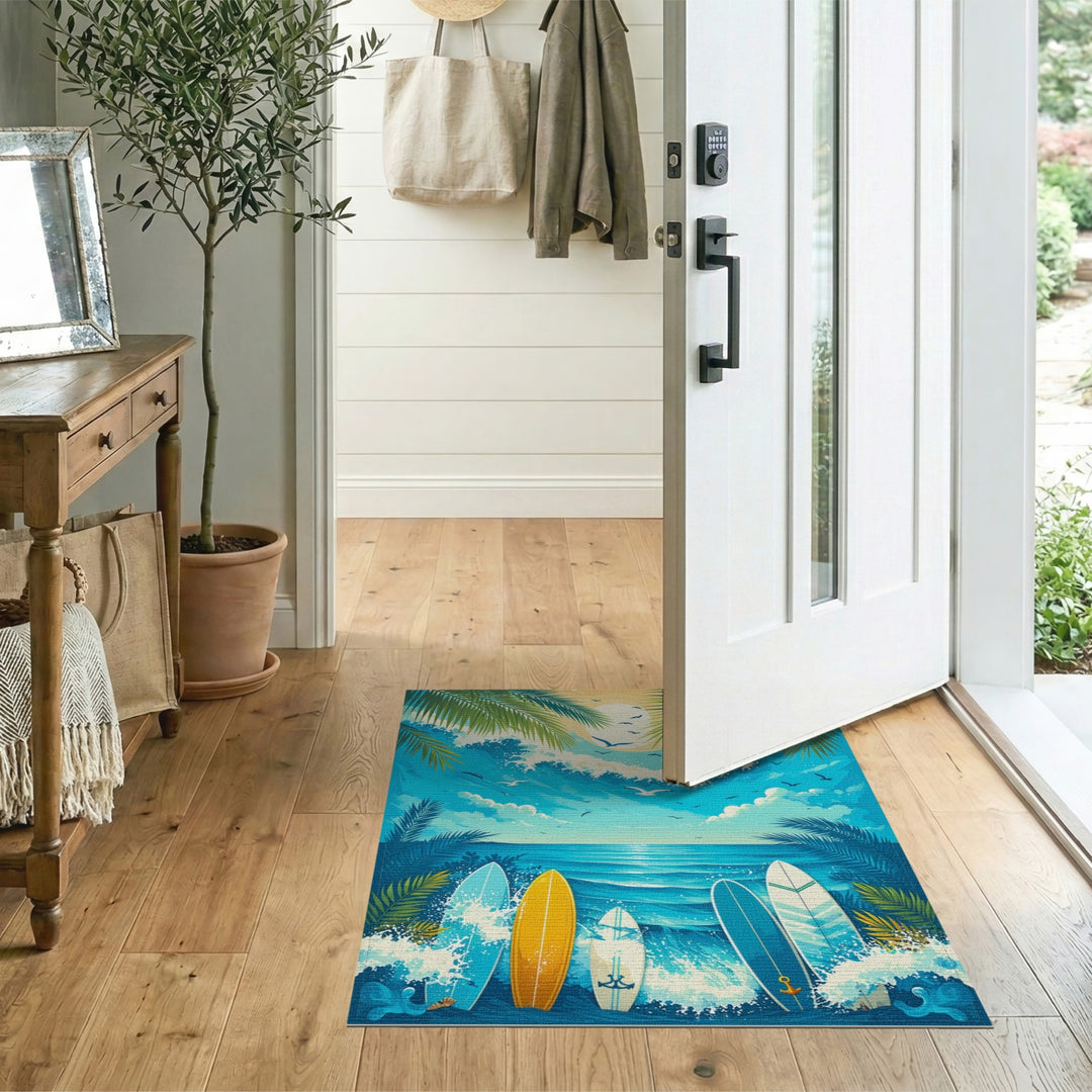 Blue Surfboard Waves Coastal Beach Area Rug