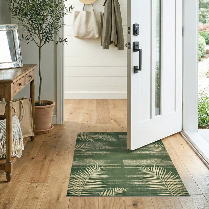 Green Palm Leaf Washable Area Rug