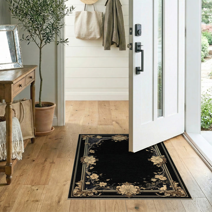 Black Floral Vintage Area Rug with Gold Border