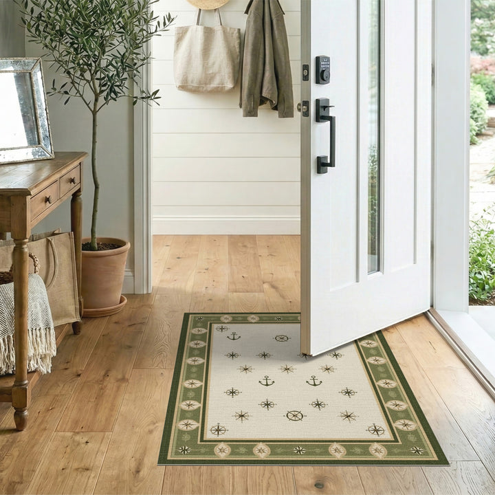 Green Nautical Anchor Compass Area Rug