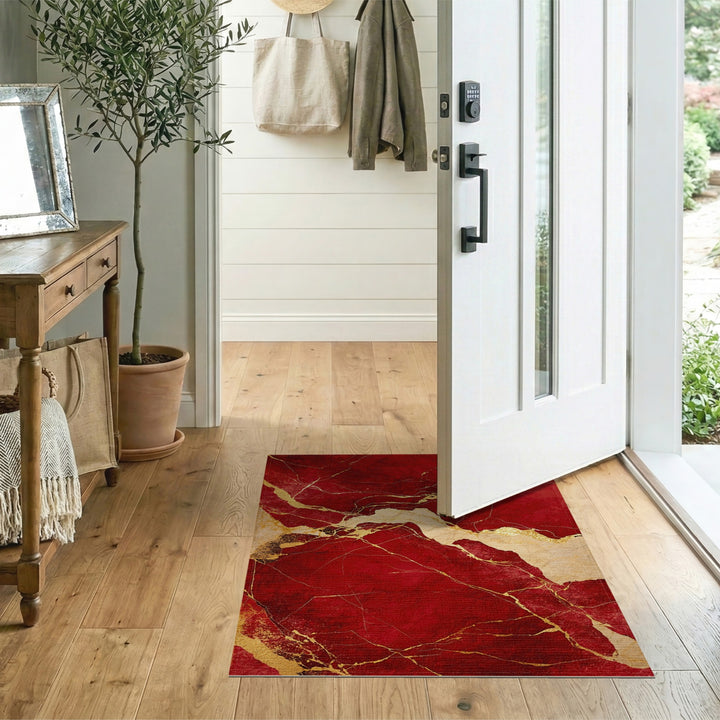 Red Marble Gold Vein Abstract Area Rug