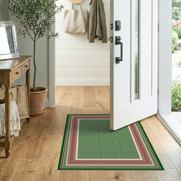 Green Checkered Area Rug with Red Border
