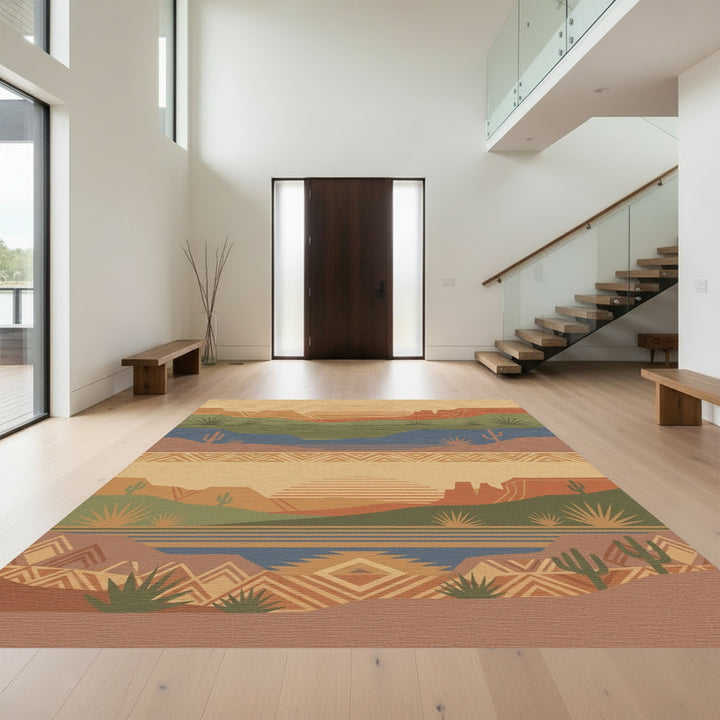 Desert Sunset Landscape with Geometric Accents Rug