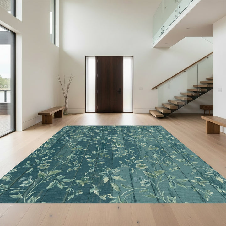 Teal Wood Floral Vine Botanical Rug