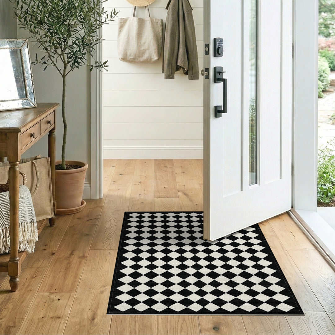 Black and White Diamond Checkered Area Rug