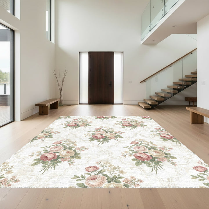 Vintage Rose Bouquet Damask Rug