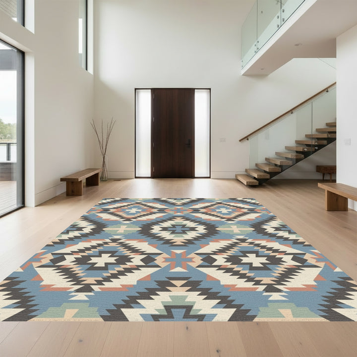 Southwestern Geometric Medallion Cream Blue Rug