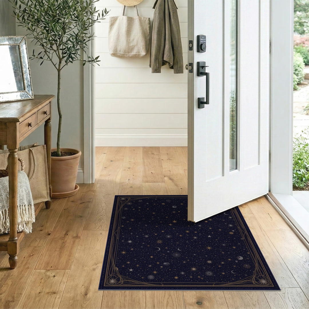 Navy Celestial Stars Gold Border Rug