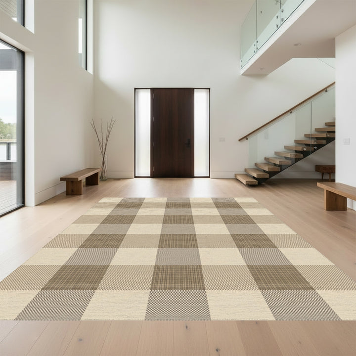 Earthy Beige Gingham Checkered Rug