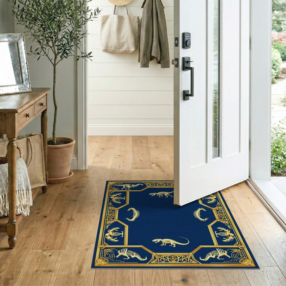 Dinosaur Skeleton Blue Gold Area Rug