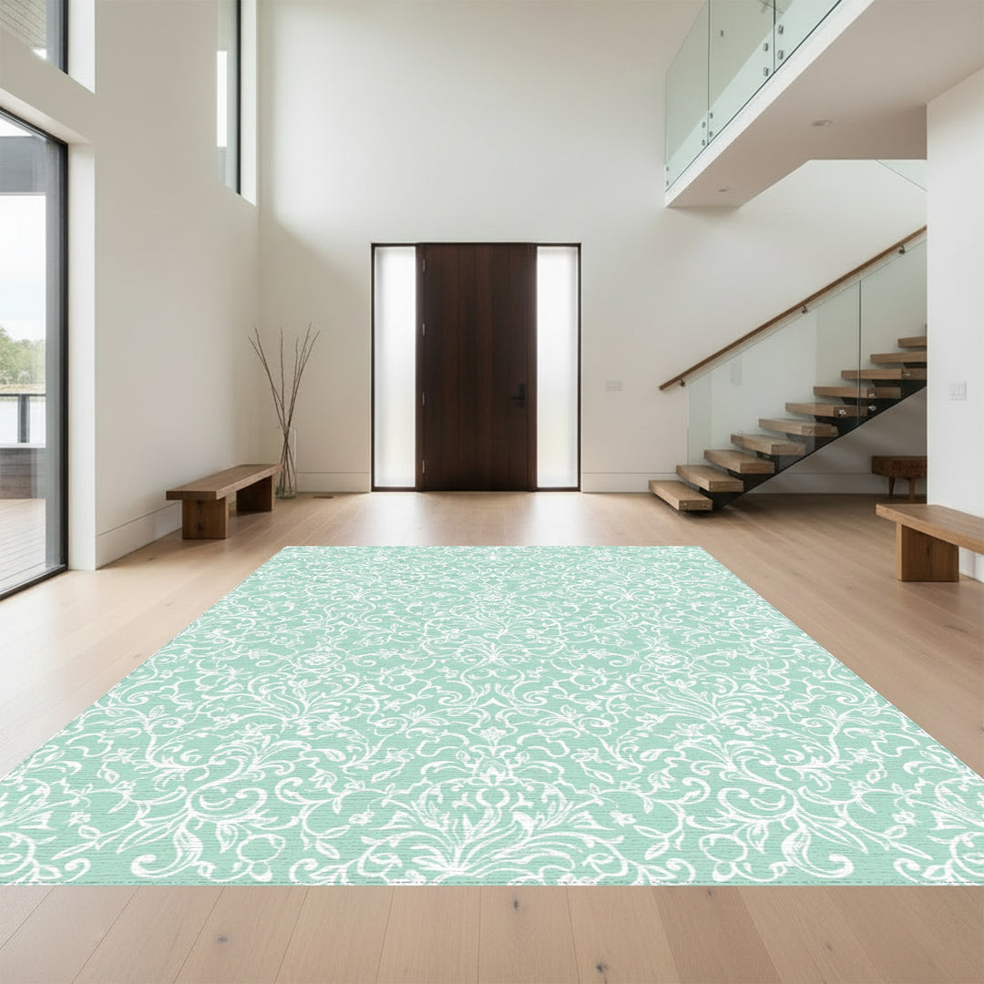 Soft Aqua White Intricate Floral Scroll Rug