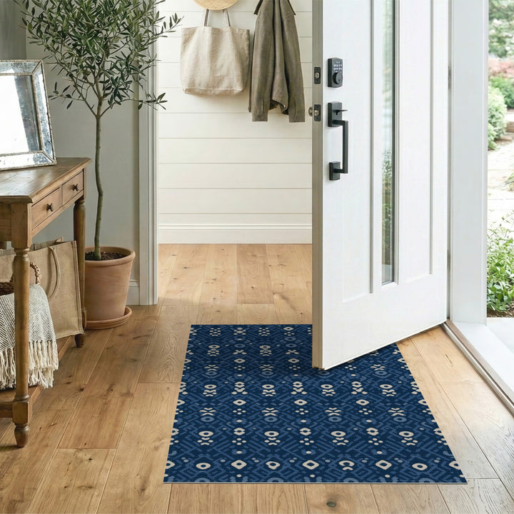 Navy Blue Geometric Washable Area Rug