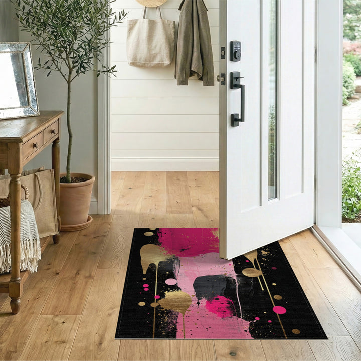 Pink Abstract Gold Drip Area Rug