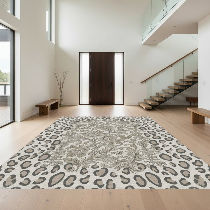 Monochromatic Floral Leopard Frame Rug