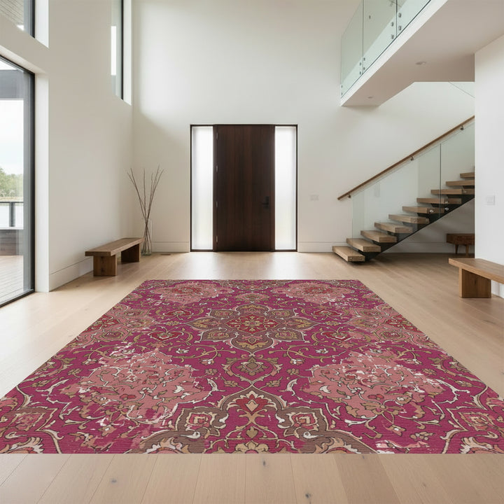 Distressed Magenta Floral Medallion Rug