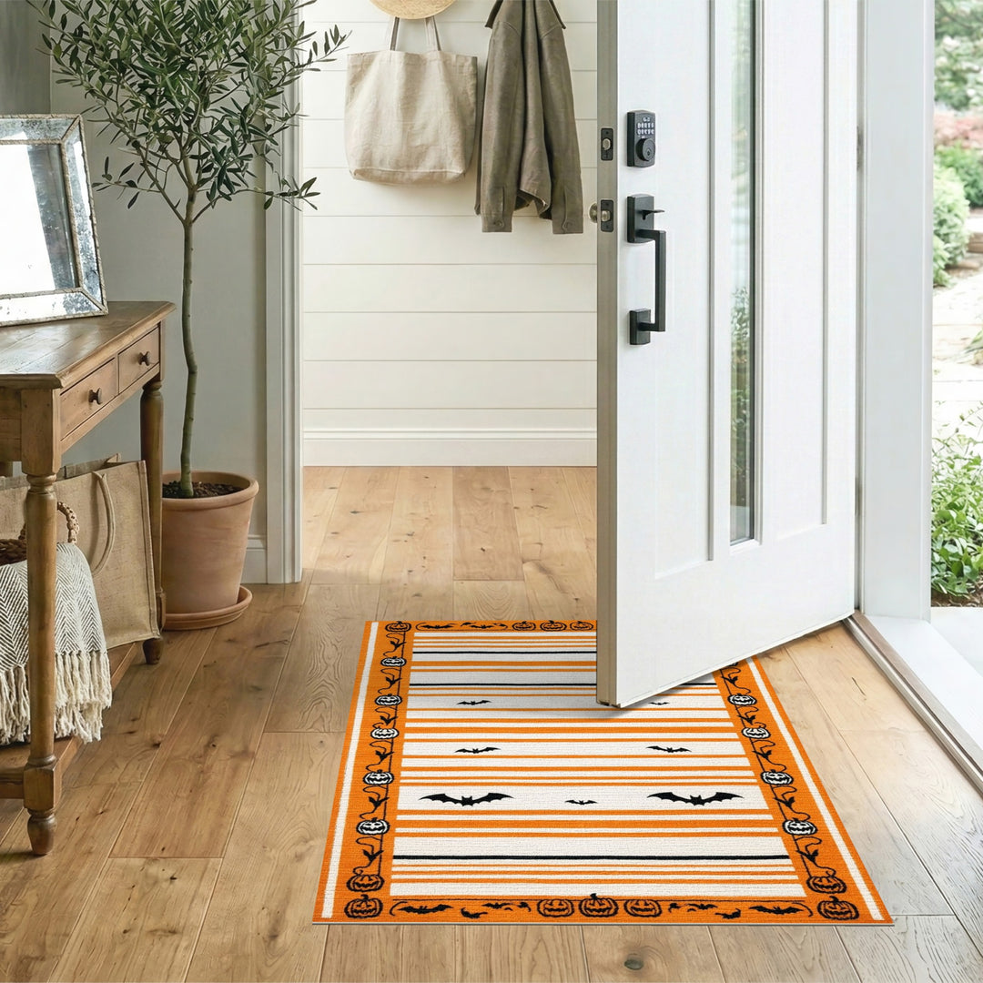 Orange Halloween Striped Area Rug with Bats and Pumpkins